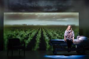 Production photograph from My Name is Lucy Barton. Laura Linney is sat on a hospital bed but the light shadows it as it's not a part of the scene. The back wall behind is filled with a projection of a corn field and an atmospheric sky above it.