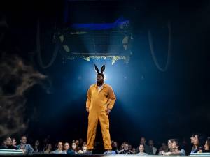 Hammed Animashaun (Bottom) stands in the spotlight, wearing donkey ears, surrounded by a crowd