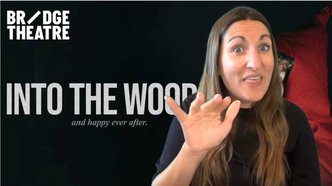 A BSL Interpeter in front of the Into The Woods poster showing Little Red Ridinghood and the Bridge Theatre logo