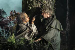 Melanie La Barrie and John Owen-Jones as Witch and Mysterious Man