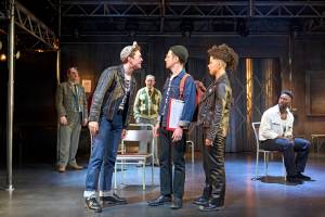 Matthew Woodyatt (Dai), Jhon Lumsden (Mark) Darren Lawrence (Cliff), Matthew Durkan (Mike), Courtney Stapleton (Steph) and Jordan Shaw (Reggie) in Pride. Photo credit Manuel Harlan