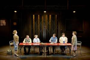 Caroline Sheen (Maureen), Darren Lawrence (Cliff), Gillian Elisa (Gwen) Matthew Woodyatt (Dai), Sarah Pugh (Siân) and Kirsty Malpass (Hefina) in Pride. Photo credit Manuel Harlan